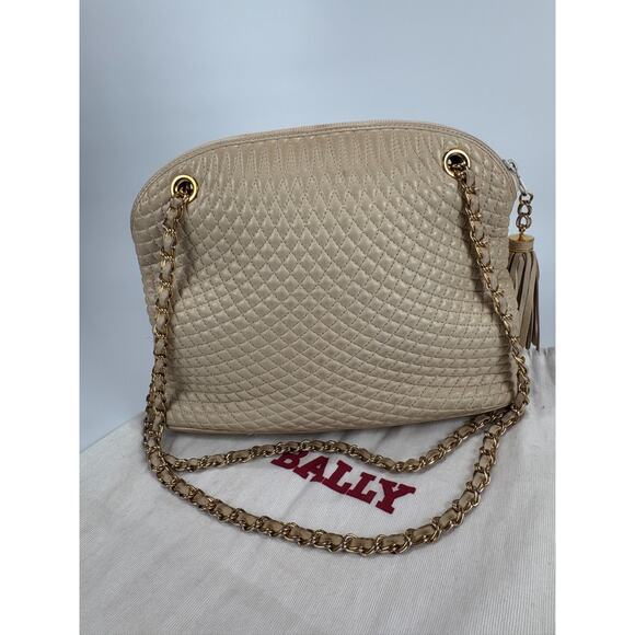 VTG Bally Leather Shoulder Bag Quilted Soft Beige Chain Strap Handbag Purse ECU - Picture 4 of 14